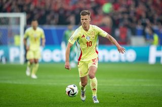 Manchester City target Dani Olmo of Spain controls the ball during the UEFA EURO 2024 group stage match between Albania and Spain at Düsseldorf Arena on June 24, 2024 in Dusseldorf, Germany. (Photo by Marvin Ibo Guengoer - GES Sportfoto/Getty Images)