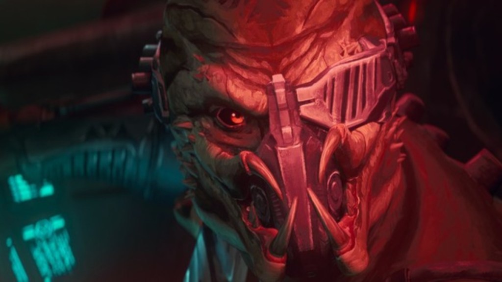 an alien spaceship pilot bathed in red and green light