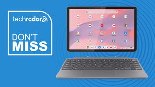 The Lenovo Duet 11 Chromebook on a blue background with the text 'DON'T MISS'.