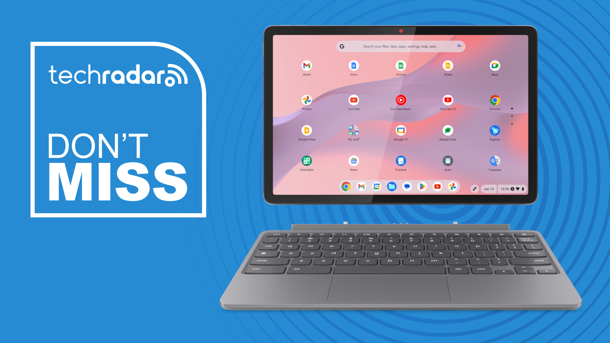 The Lenovo Duet 11 Chromebook on a blue background with the text 'DON'T MISS'.