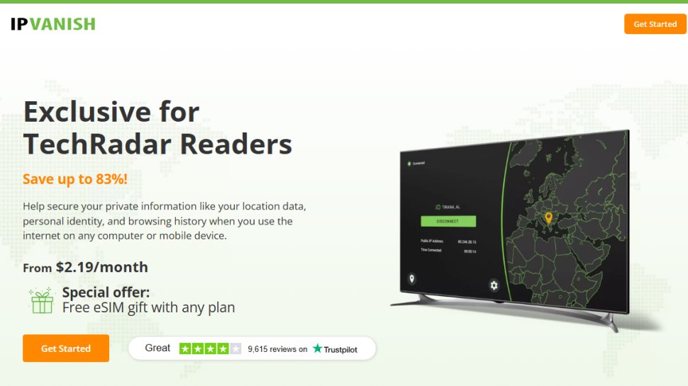 Website screenshot of IPVanish (August, 2025)