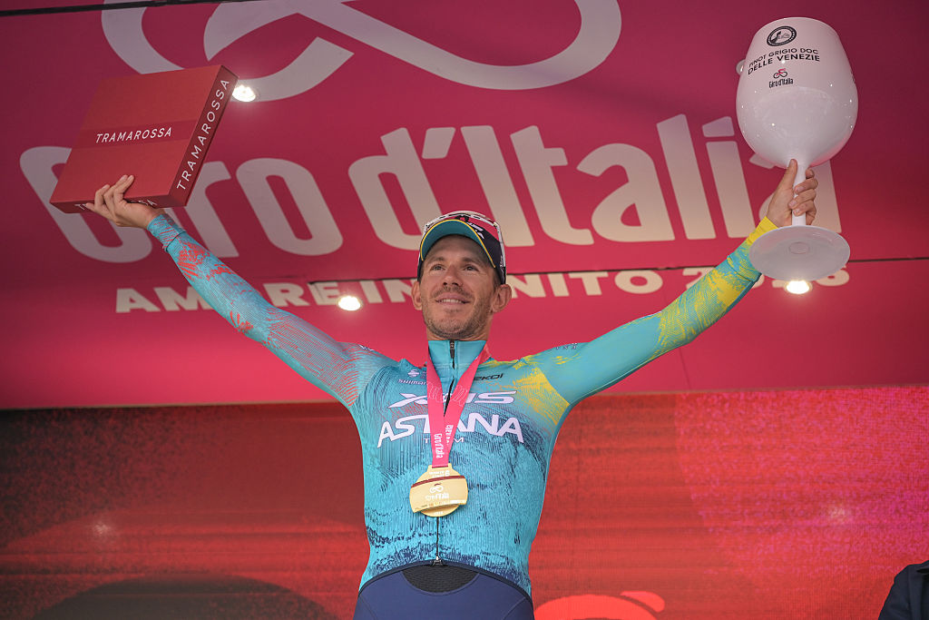 Davide Ballerini of XDS Astana Team celebrates on the podium after winning Stage 6 Paestum-Naples of the 2026 Giro d&amp;amp;#039;Italia in Paestum, Italy, on May 14, 2026. (Photo by Andrea Amato/NurPhoto via Getty Images)