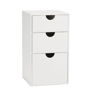 A white, 3-tier set of wooden drawers