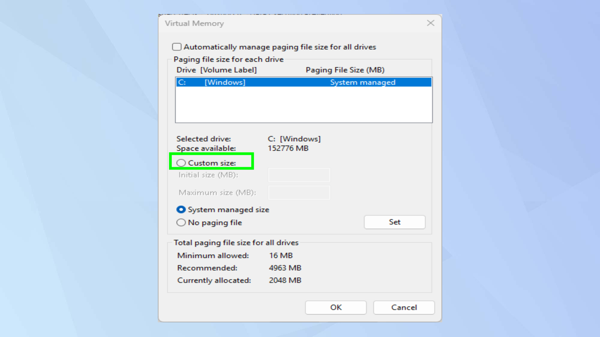 Select custom size in windows 11