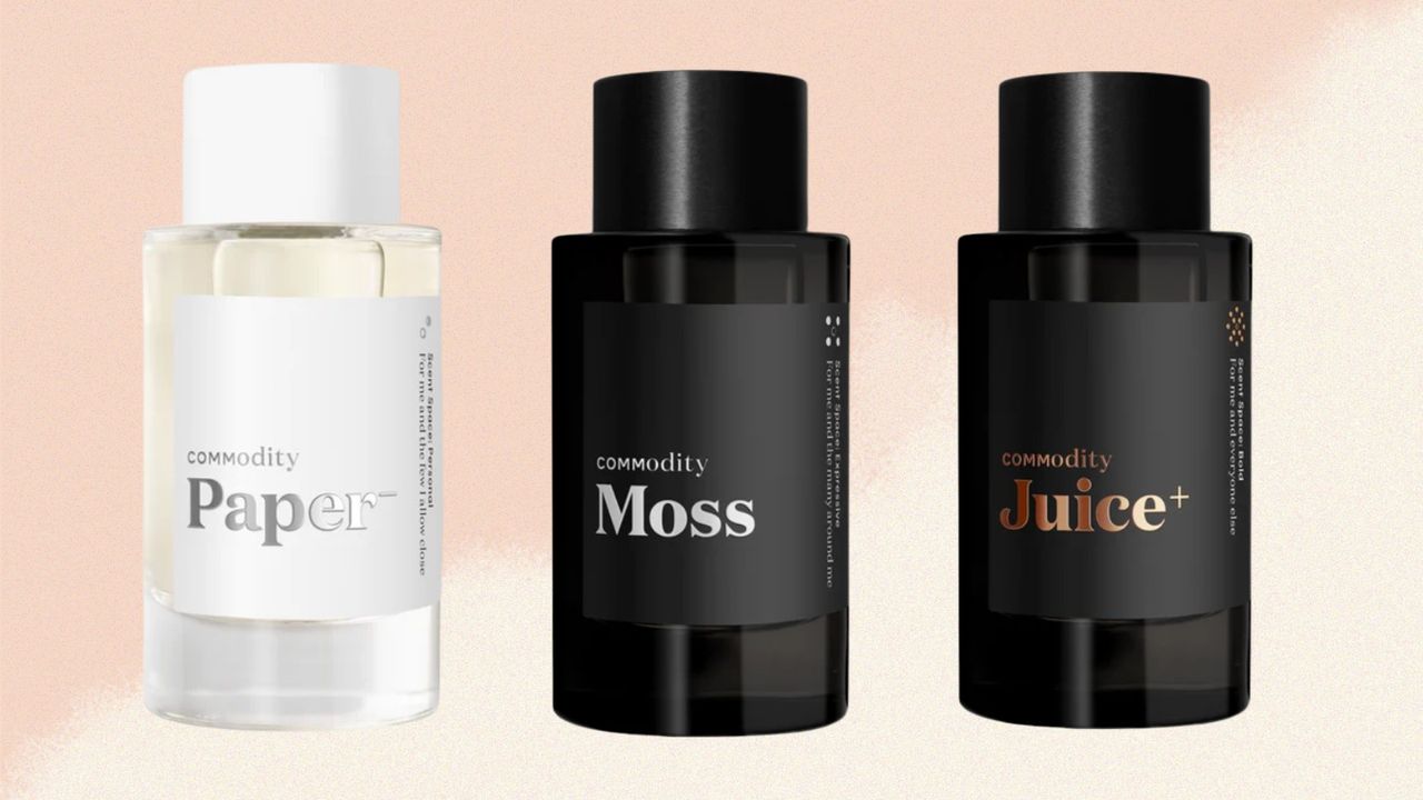 A selection of Commodity perfumes including Paper, Moss and Juice, in a peach and cream template