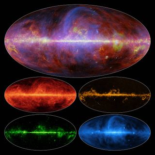 A view of the Milky Way in microwaves by the Planck satellite. The top view is a combination of the four bottom slides. Each of the four slides shows a different element: top left is dust, top right is gas, bottom right is light from charged particle interactions, and bottom right shows charged particles moving along the galaxy's magnetic field.