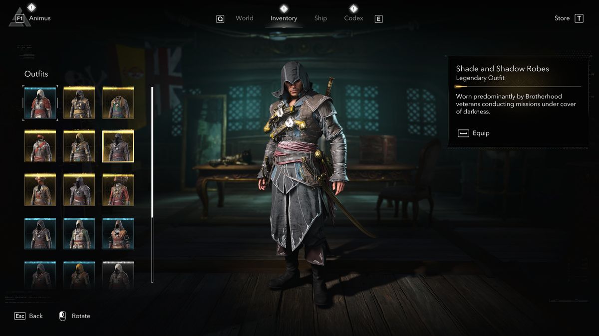 Black Flag outfits: Edward wearing the Shade and Shadow Robes in the inventory menu.