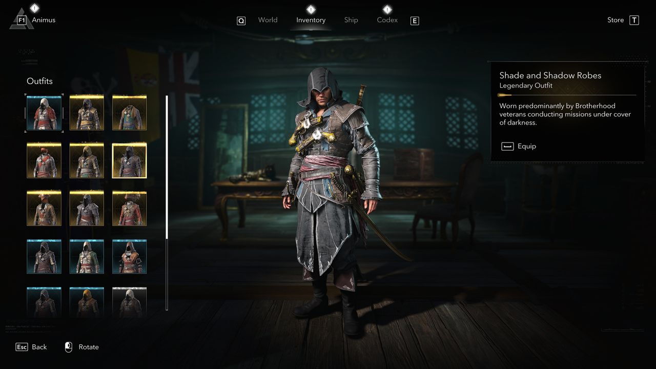 Black Flag outfits: Edward wearing the Shade and Shadow Robes in the inventory menu.
