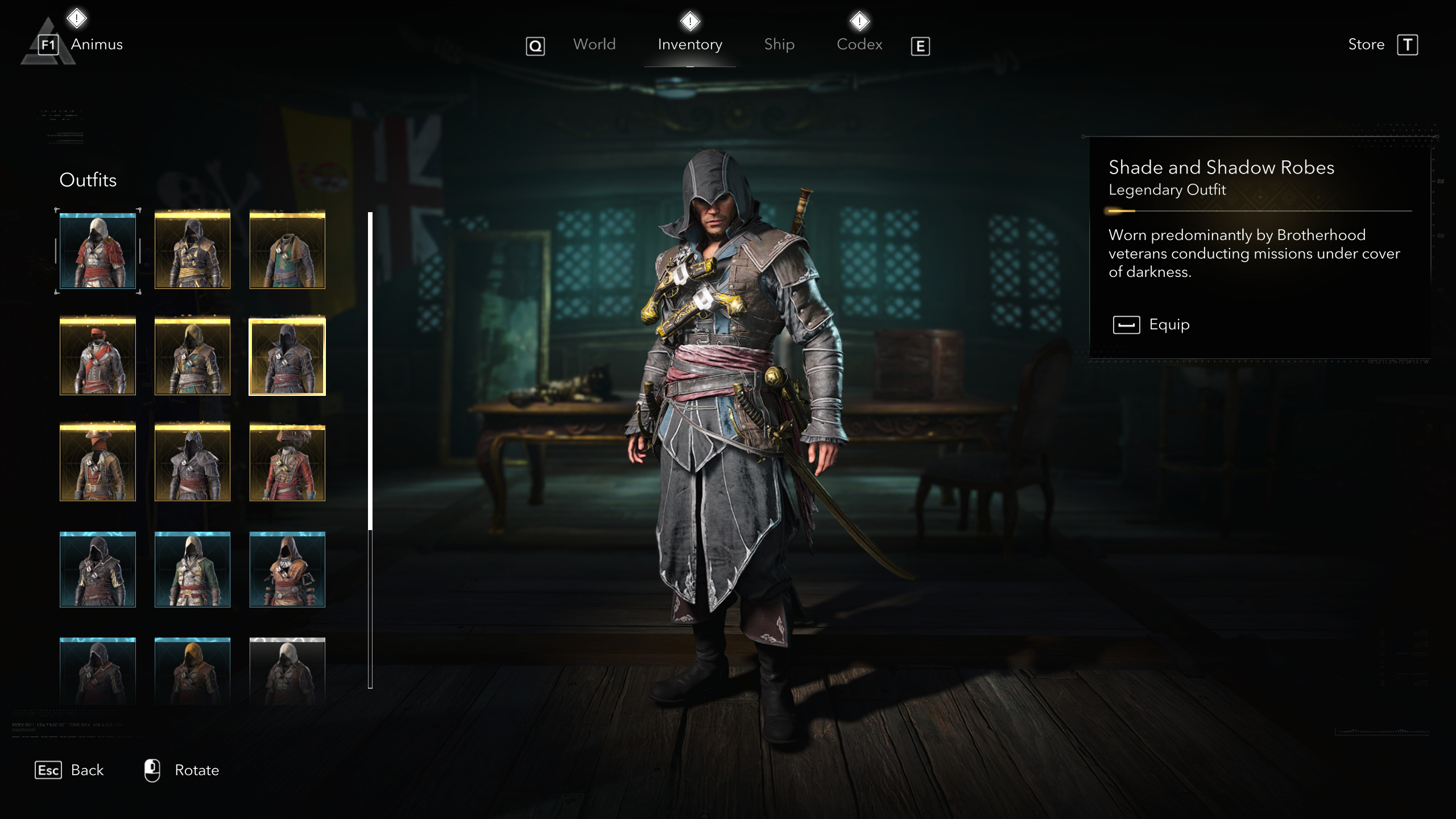 Black Flag outfits: Edward wearing the Shade and Shadow Robes in the inventory menu.