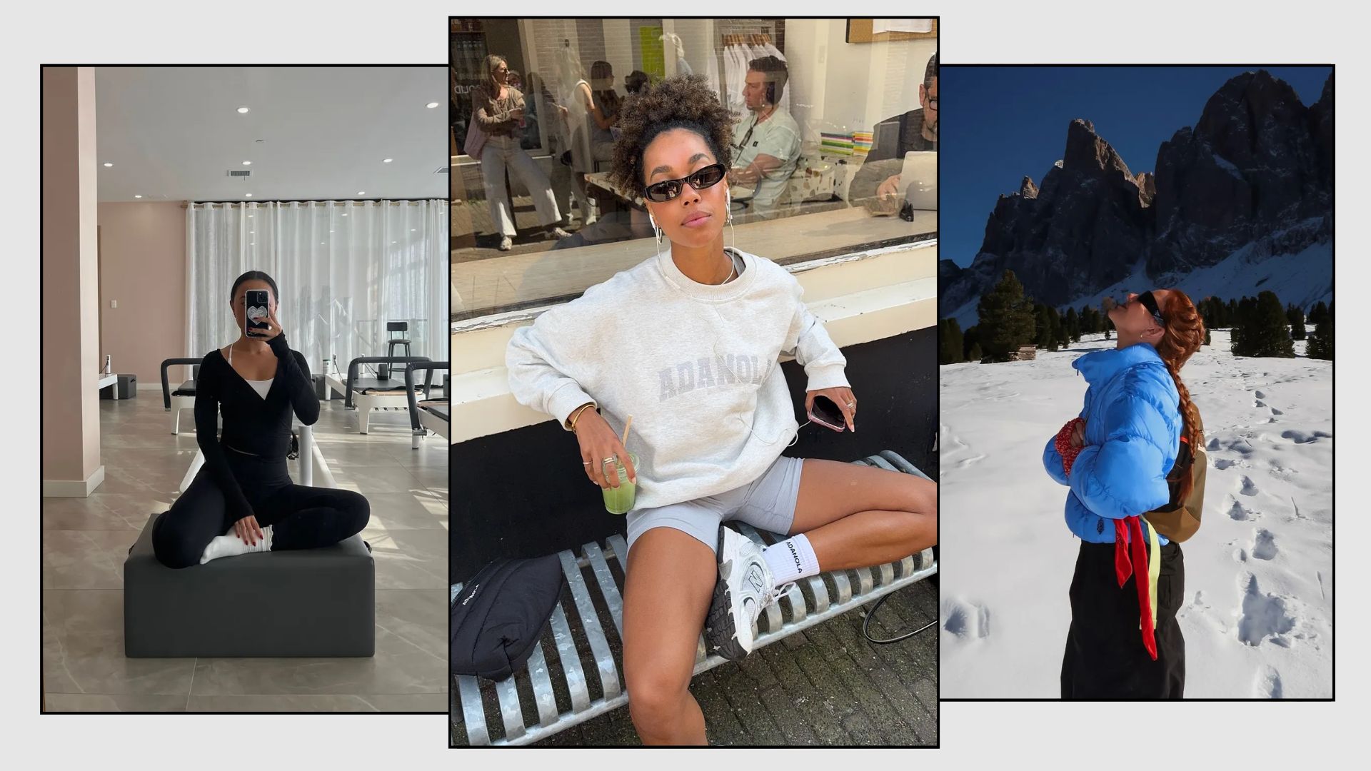 A collage of three women with gym hairstyles, one at a Pilates class, one sitting outside a coffee shop in gym gear and one in the mountains in hiking gear