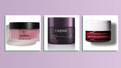 best night cream main collage of products by Chanel, Caudalie and Korres on a lilac background