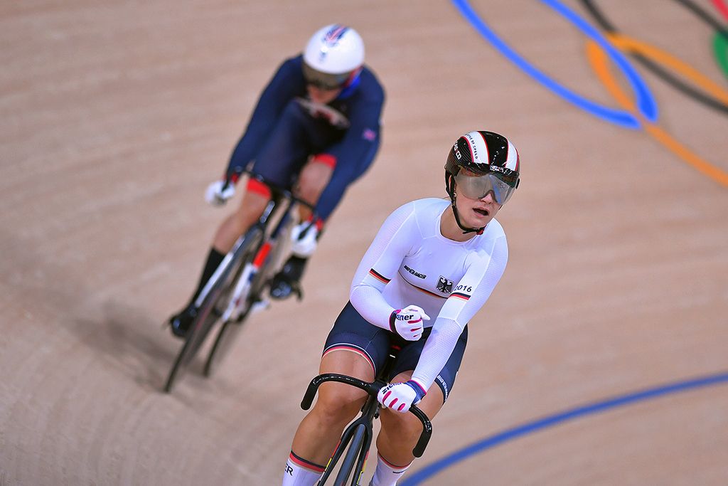 Kristina Vogel (Germany) celebrates winning her sprint semi