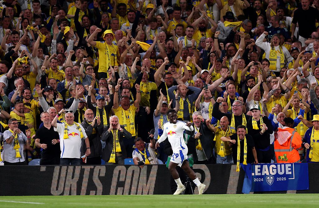 Wilfried Gnonto of Leeds United celebrates scoring his team's second goal during the Sky Bet Championship match between Leeds United FC and Bristol City FC at Elland Road on April 28, 2025 in Leeds, England.