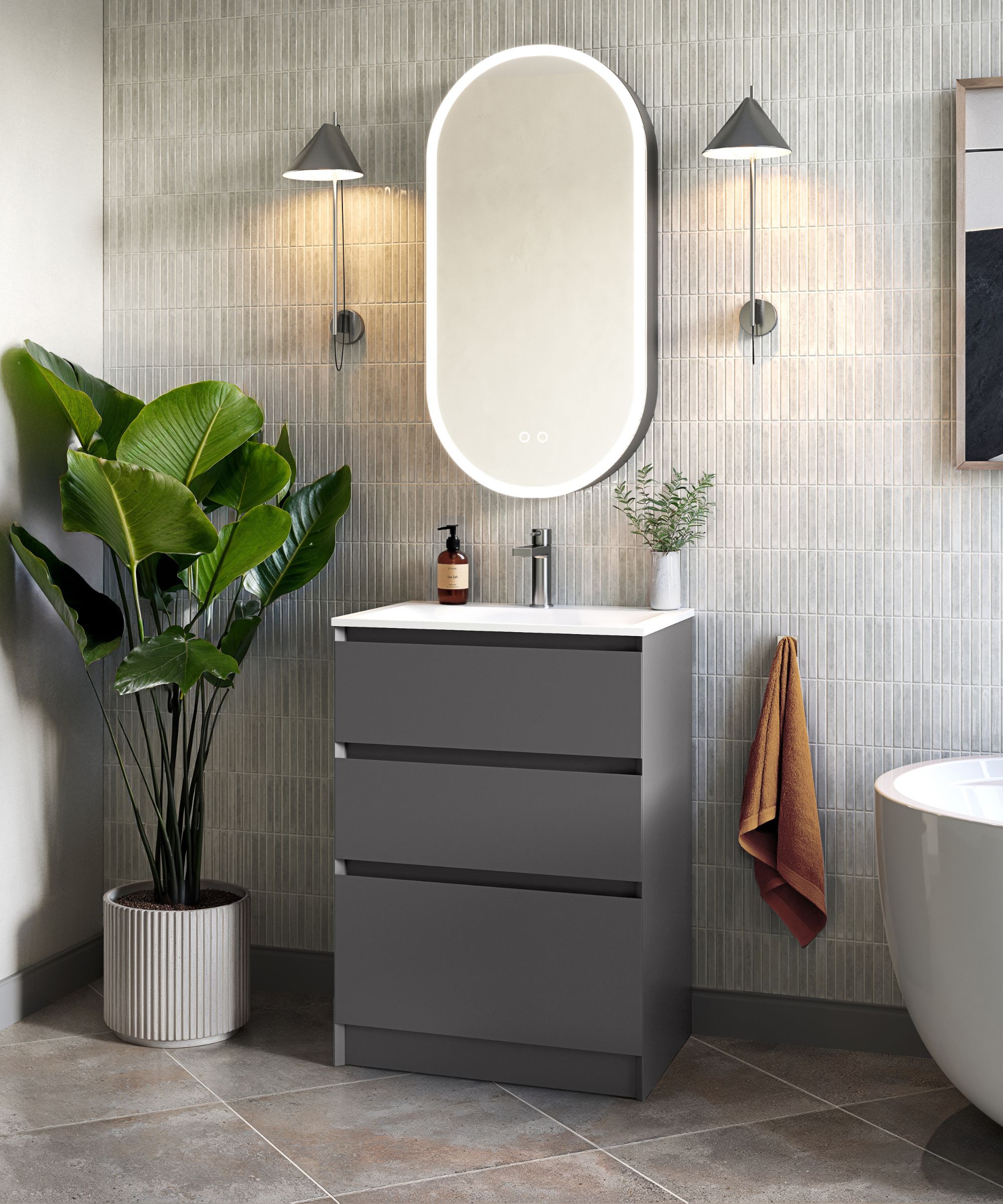 A gray bathroom with a mirror featuring integrated LED lights