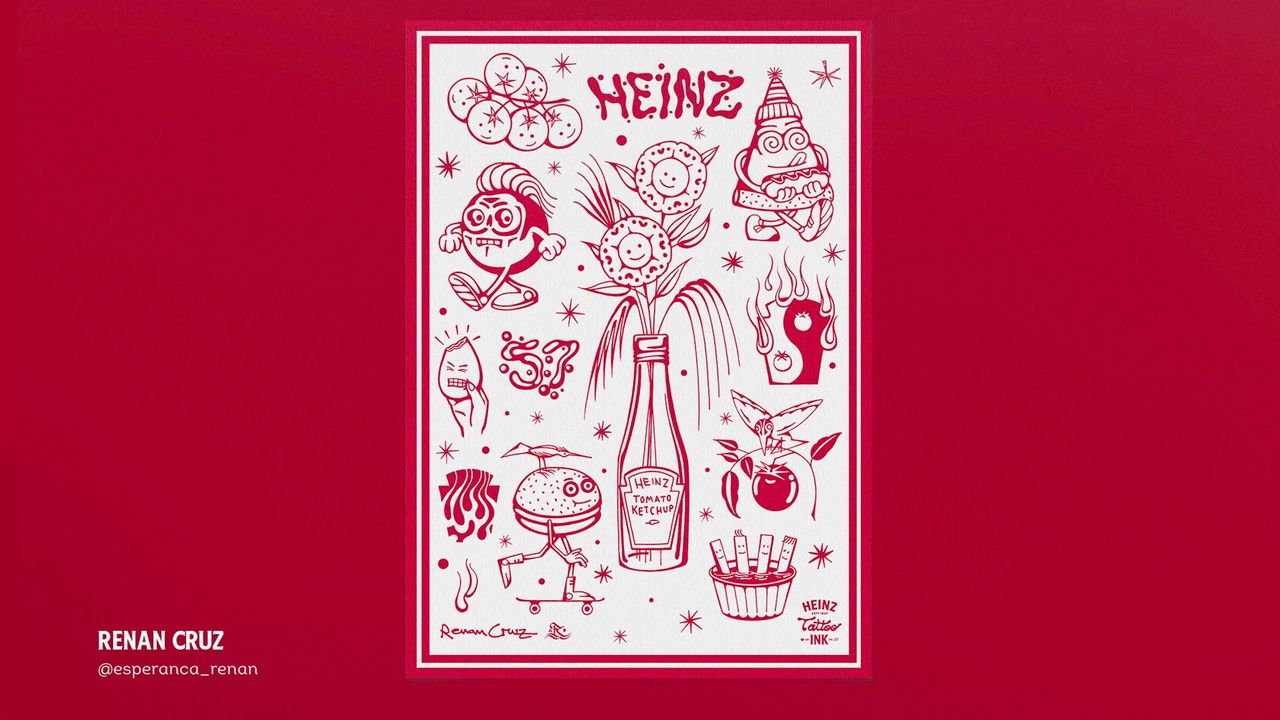 A shot of various tattoo stencils designed to resemble the Heinz branding on a red background