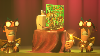 Psychonauts 2: two Censor enemies in gold suits stand beside a table with a box of Tincan Crunch cereal on it