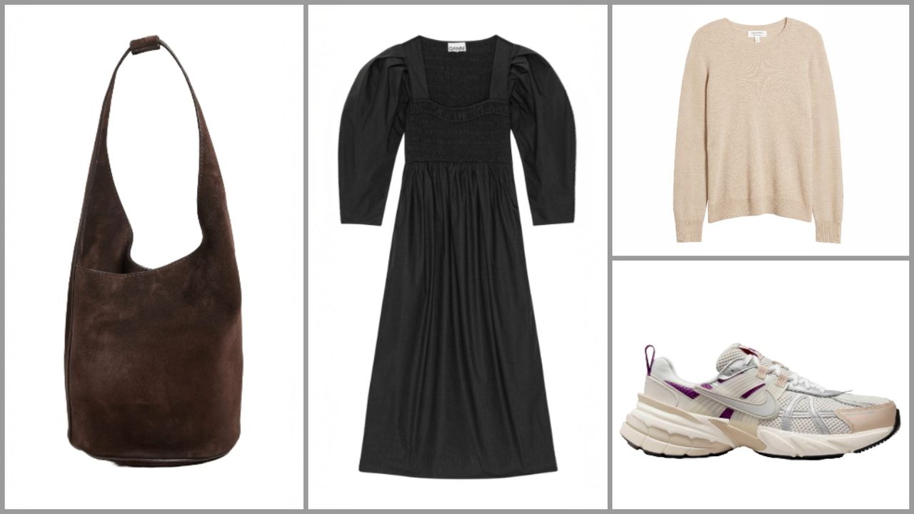 image collage of Nordstrom Crewneck Cashmere Sweater, Reformation Small Silvana Bucket Bag, Ganni Poplin Organic Cotton Midi Dress, Nike V2k Run Premium Shoes 