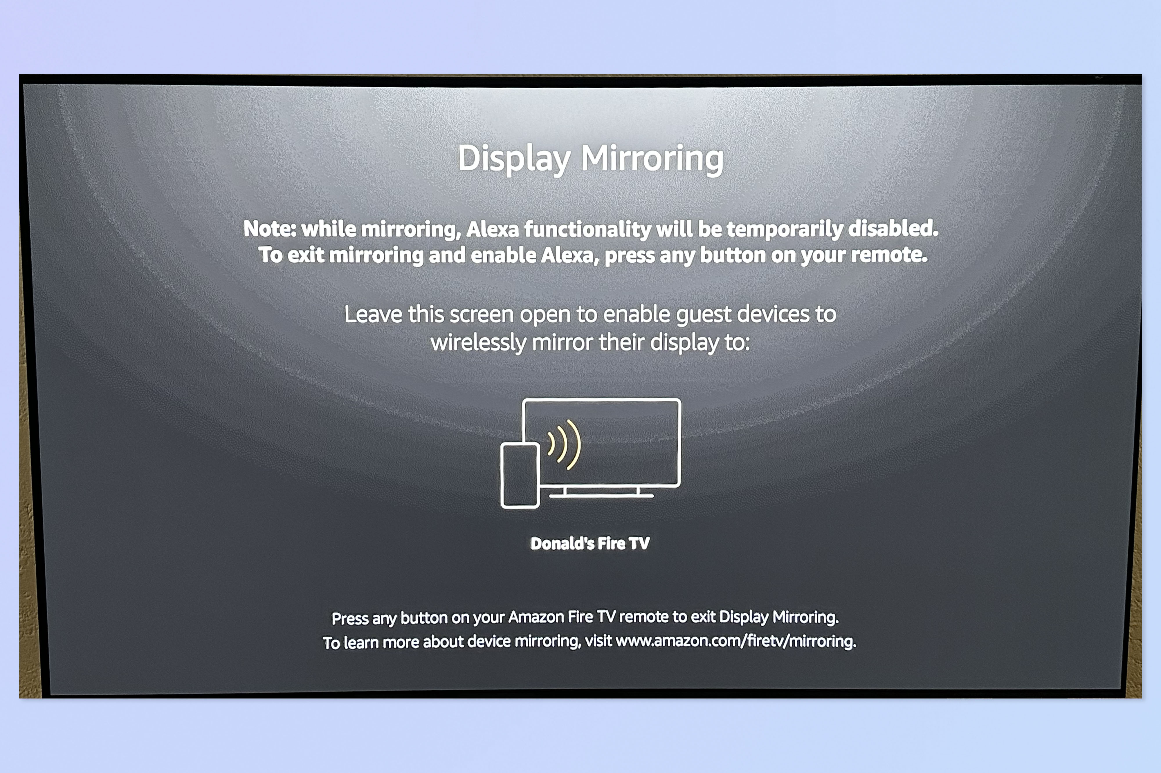 A screenshot showing how to enable screen mirroring on FireTV