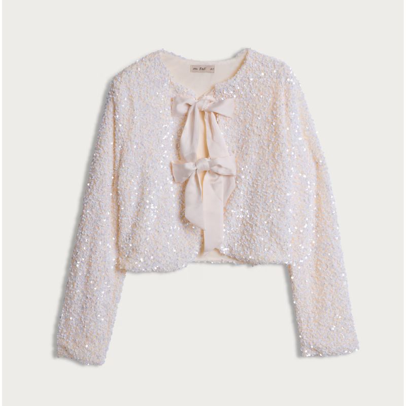 F&amp;amp;F, Sequin Faux Velvet Bow Jacket in Cream