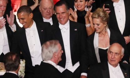President Obama and Mitt Romney share a laugh at the 67th Annual Alfred E. Smith Memorial Foundation Dinner at the Waldorf-Astoria Hotel on Oct. 18 in New York City.