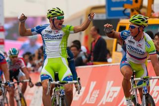 Elia Viviani and Peter Sagan celebrate their one-two finish.