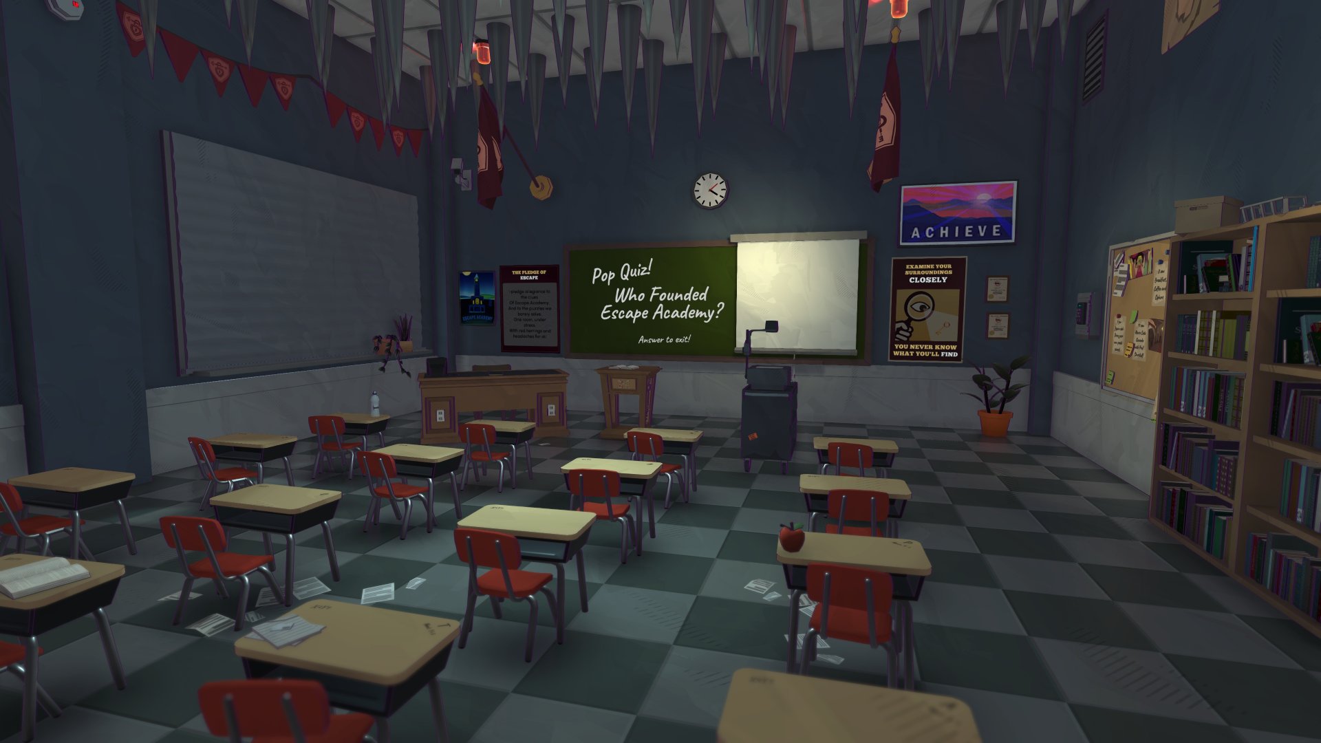 Escape Academy 2: Back to School screenshot of a classroom with a chalkboard and several desks