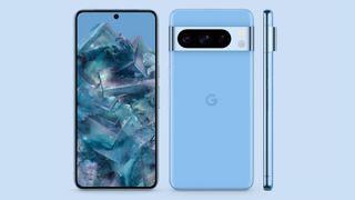 The Pixel 8 Pro from the front, back, and side view in blue. It is set against a lighter shade of blue.