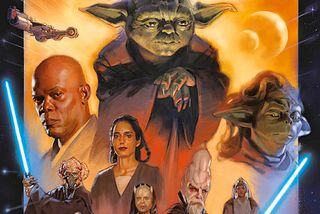 illustrations from a book cover, showing six star wars characters against a yellow-sky backdrop