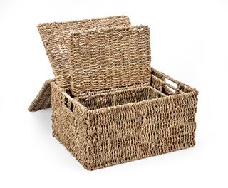 Set of 3 Rectangular Seagrass Baskets With Lids nested inside one another