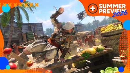 Assassin's Creed Black Flag Resynced hero Edward Kenway leaps over a market stall pursued by guards, with the orange GamesRadar+ Summer Preview 2026 frame