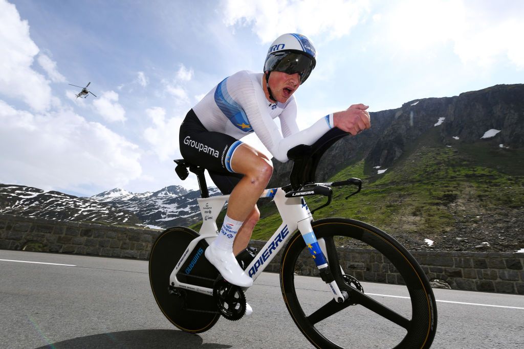 ANDERMATT SWITZERLAND JUNE 12 Stefan Kng of Switzerland and Team Groupama FDJ during the 84th Tour de Suisse 2021 Stage 7 a 232km Individual Time Trial stage from DisentisSedrun to Andermatt ITT Mountains Snow Landscape UCIworldtour tds tourdesuisse on June 12 2021 in Andermatt Switzerland Photo by Tim de WaeleGetty Images