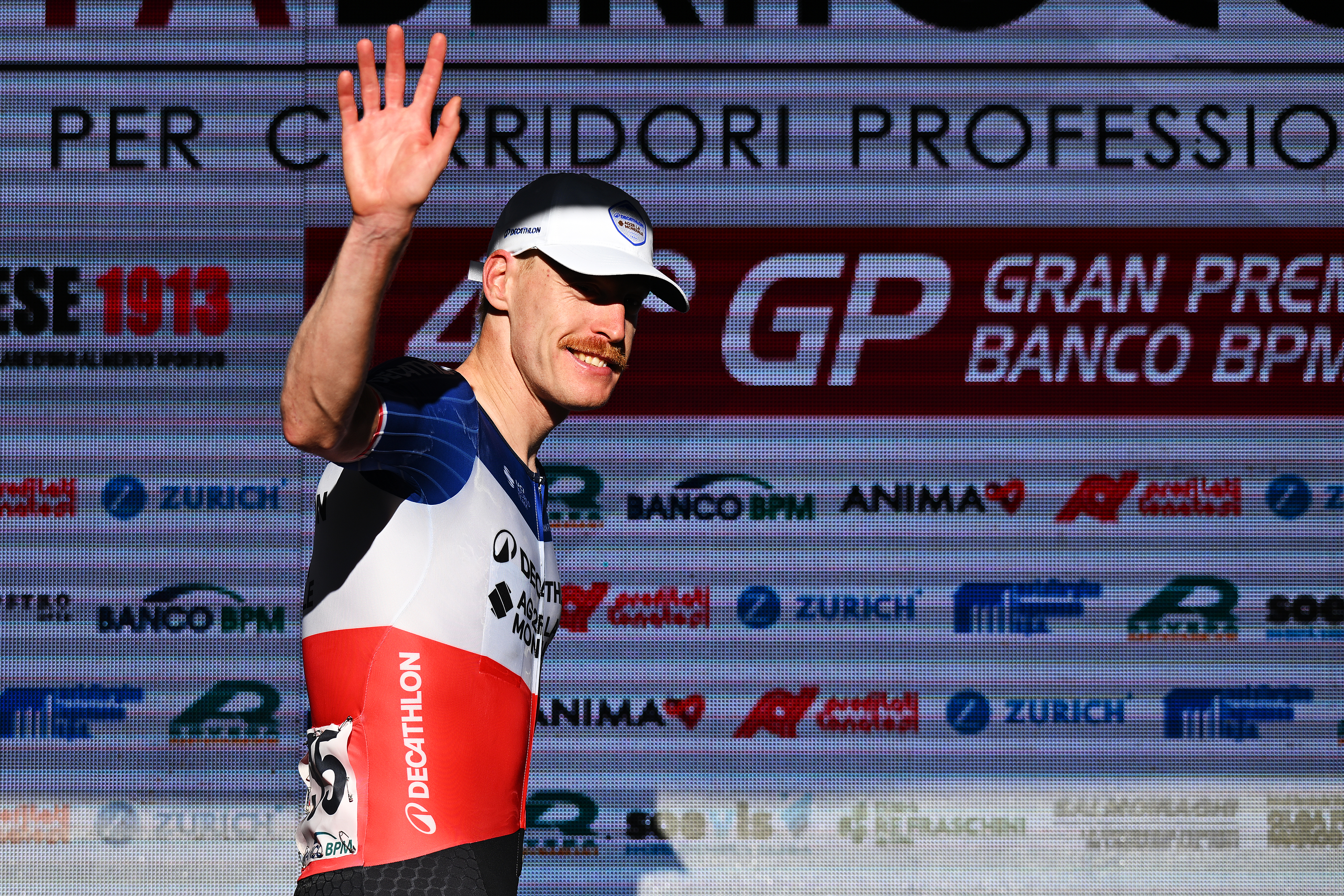 LEGNANO, ITALY - OCTOBER 06: Dorian Godon of France and Team Decathlon AG2R La Mondiale celebrates at podium as race winner during the 106th Coppa Bernocchi 2025 a 191.6km one day race from Legnano to Legnano on October 06, 2025 in Legnano, Italy. (Photo by Dario Belingheri/Getty Images)