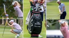 A close-up of Tom McKibbin's golf bag, with McKibbin around it