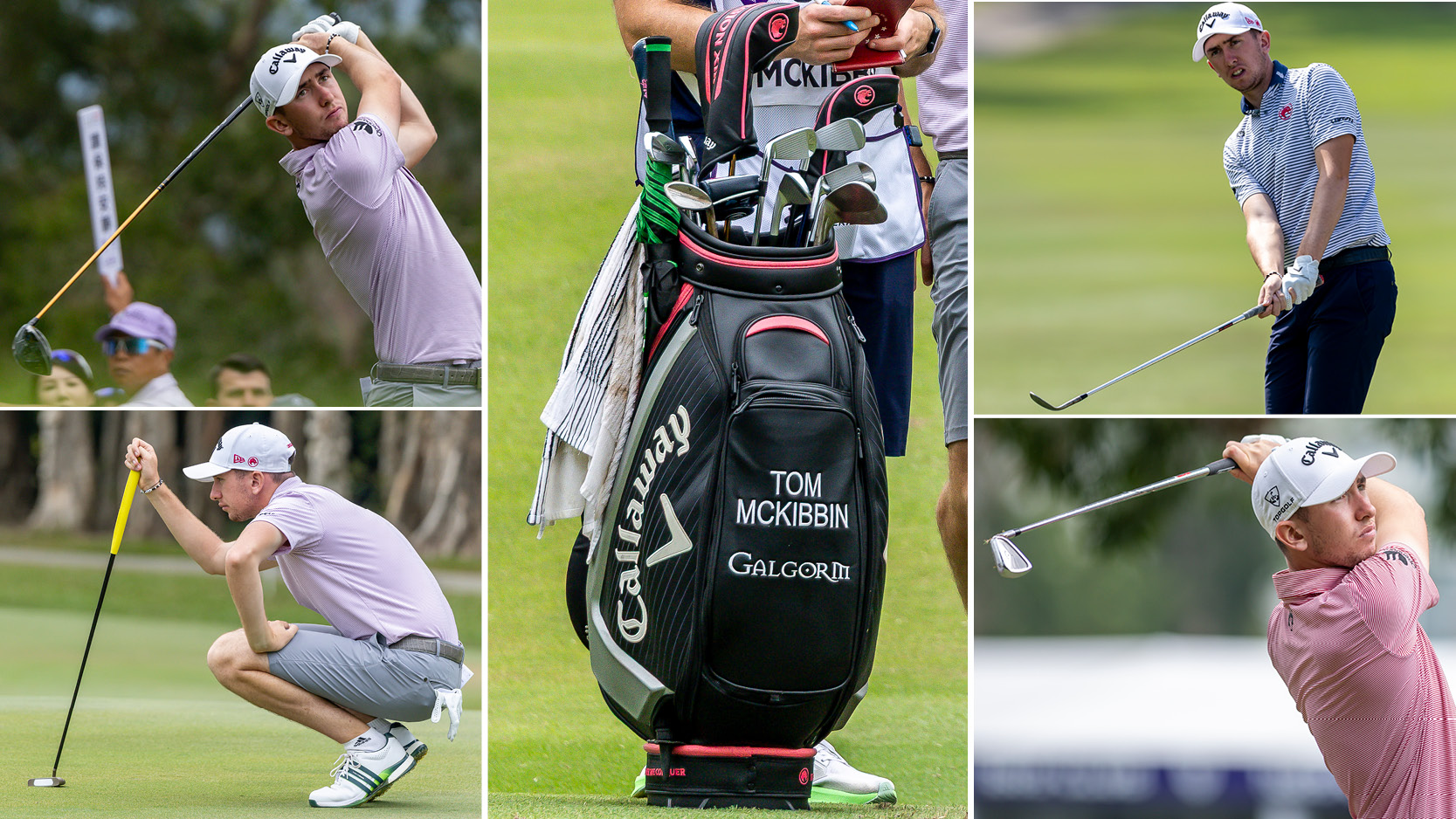 A close-up of Tom McKibbin&#039;s golf bag, with McKibbin around it