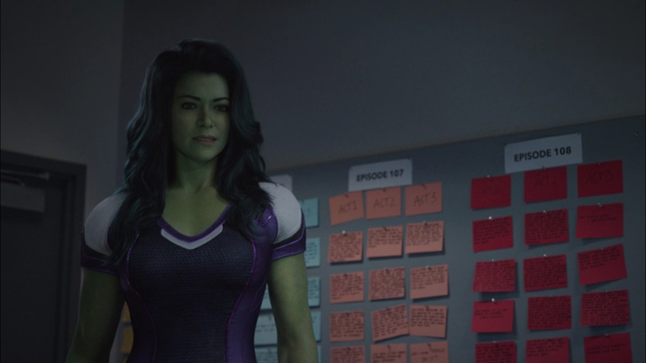 She-Hulk talks to the writers of her TV show in the Marvel Disney Plus series