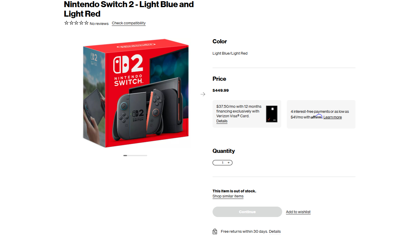 Nintendo Switch 2 product page on Verizon