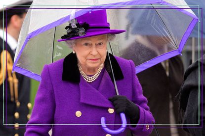 Queen carry her umbrella - Queen Elizabeth II shelters under a purple-rimmed umbrella as attends the opening of the newly developed Jubilee Gardens on October 25, 2012 in London, England.