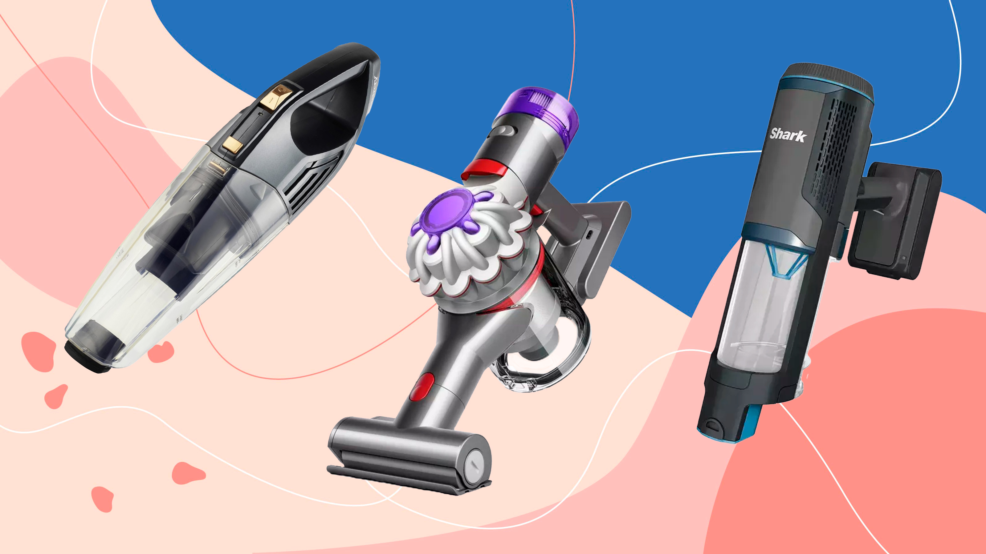 beldray, Dyson and Shark handheld vacuums on a pink and blue background