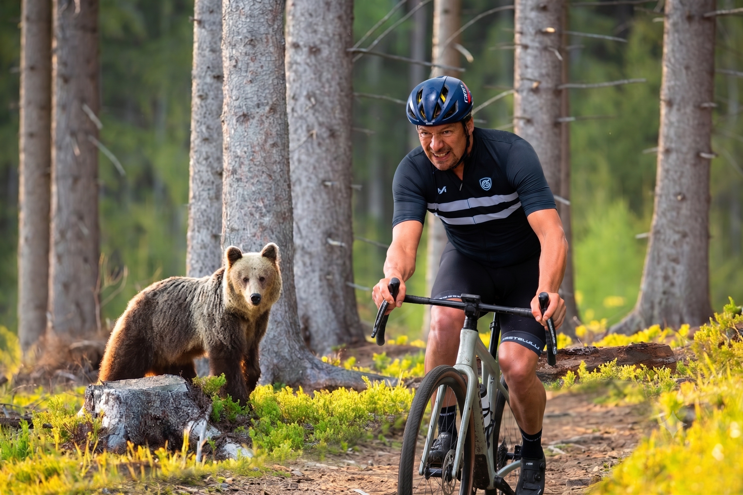 Steve Shrubsall rides away from a brown bear