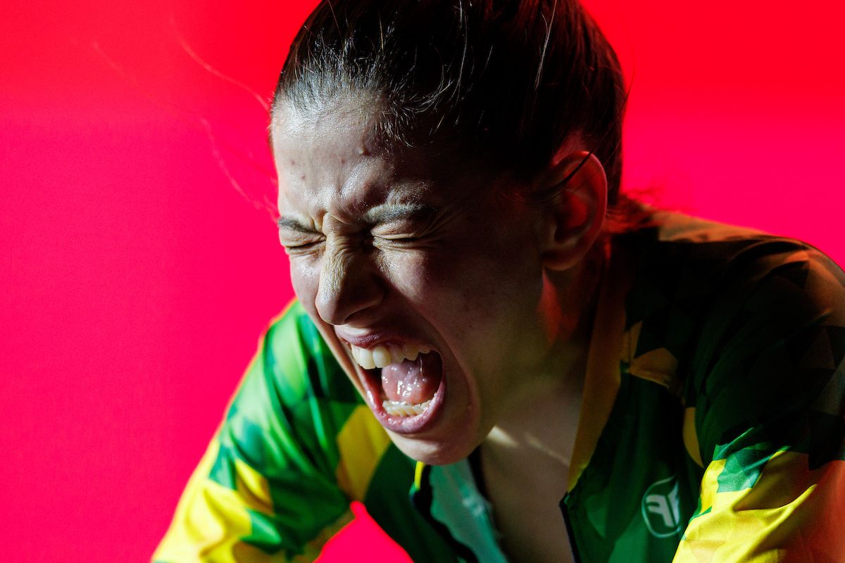Gabriela Guerra goes deep during the 2024 women's UCI Cycling Esports World Championships