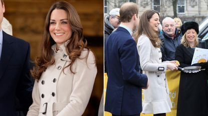 Composite of two pictures of Kate Middleton wearing a trench coat in Belfast in 2011