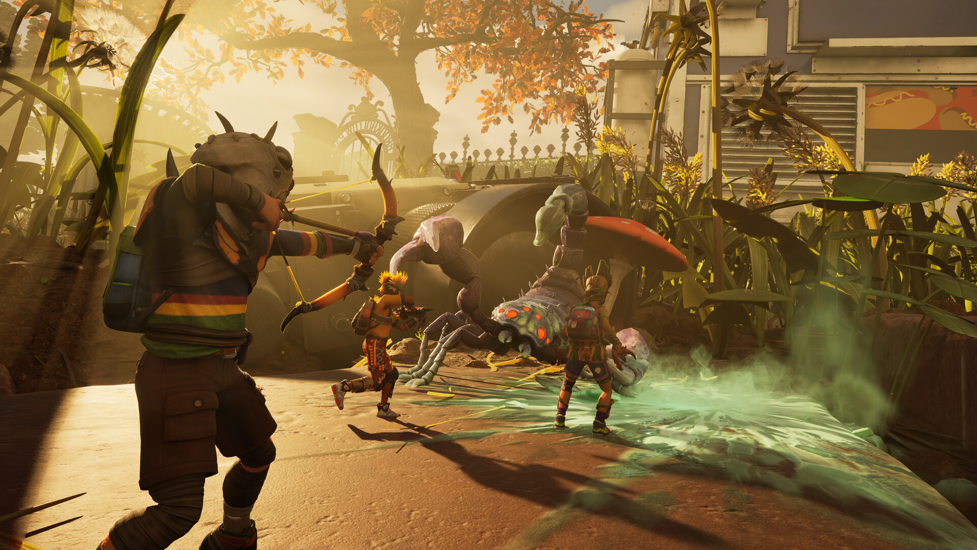 Grounded 2 screenshot of the shrunken kids duking it out in the yard against critters