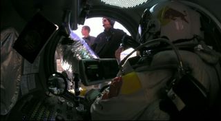 This camera view inside the Red Bull Stratos capsule shows daredevil Felix Baumgartner inside as he prepares to attempt the world's highest skydive on Oct. 14, 2012.