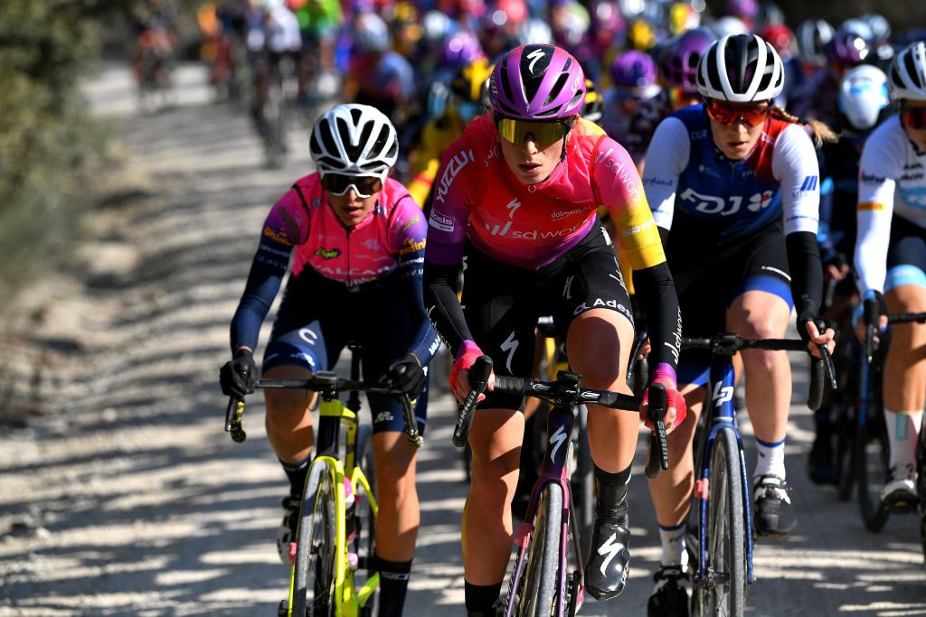 SIENA ITALY MARCH 05 Demi Vollering of Netherlands and Team SD Worx competes during the Eroica 8th Strade Bianche 2022 Womens Elite a 136km one day race from Siena to Siena Piazza del Campo 321m StradeBianche on March 05 2022 in Siena Italy Photo by Luc ClaessenGetty Images