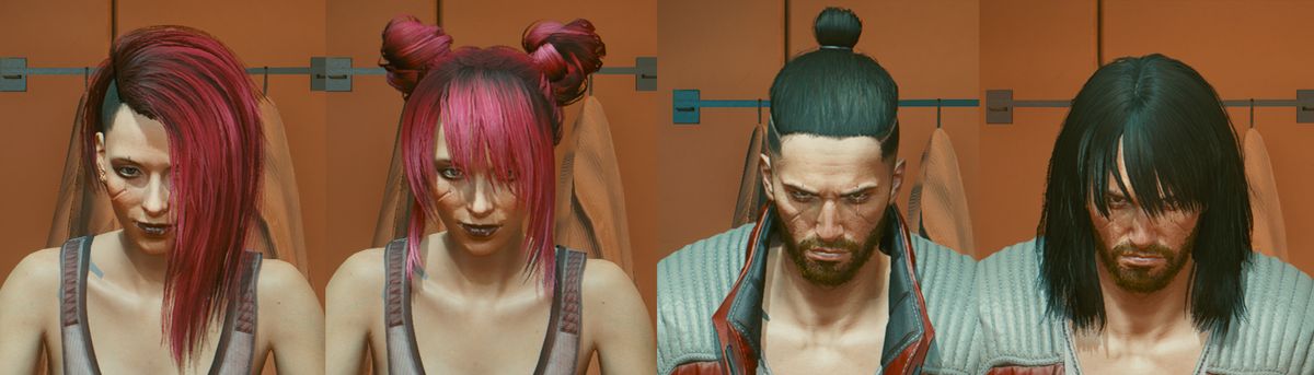 An image of the character V from Cyberpunk 2077 with several different haircuts.