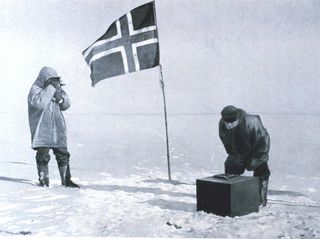 Amundsen and crew take an observation at the pole in an image from the Norwegian explorer's "The South Pole," an account of his historic trek.