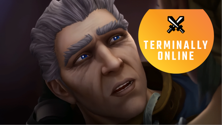 Khadgar from World of Warcraft looks, aged and wounded, up at his savior.
