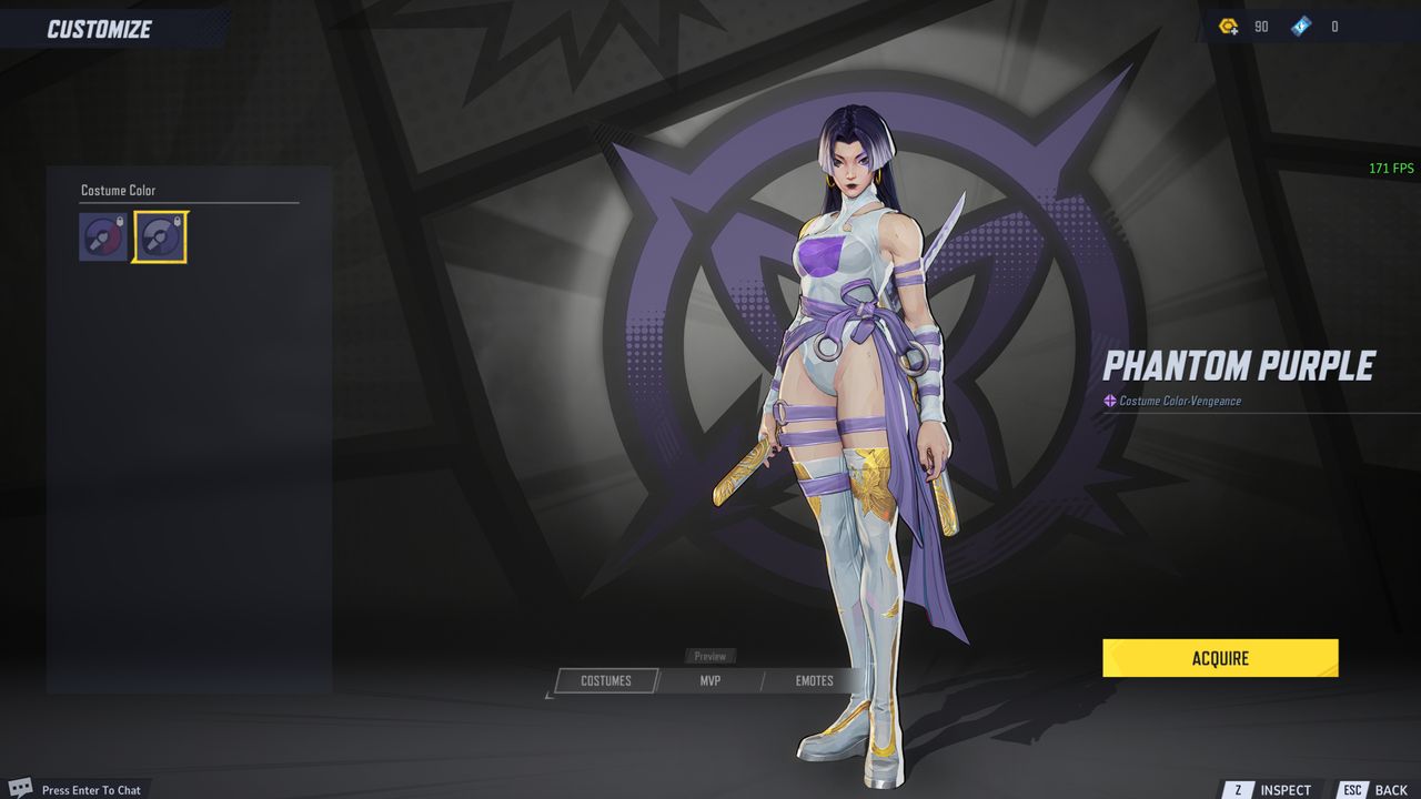 Marvel Rivals costume customisation - The Phantom Purple colour for a Psylocke skin.