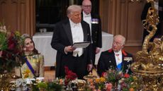President Donald Trump delivers his speech as King Charles III and Catherine, Princess of Wales listen during the State Banquet at Windsor Castle for the State visit 