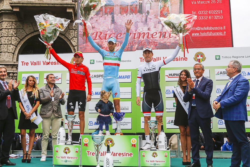 The podium at Tre Valli Varesine (l-r): Sergey Firsanov (Rus) RusVelo, Vincenzo Nibali (Ita) Astana Pro Team and Giacomo Nizzolo (Ita) Trek Factory Racing